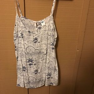 Blue and white tank with tropical vacation print